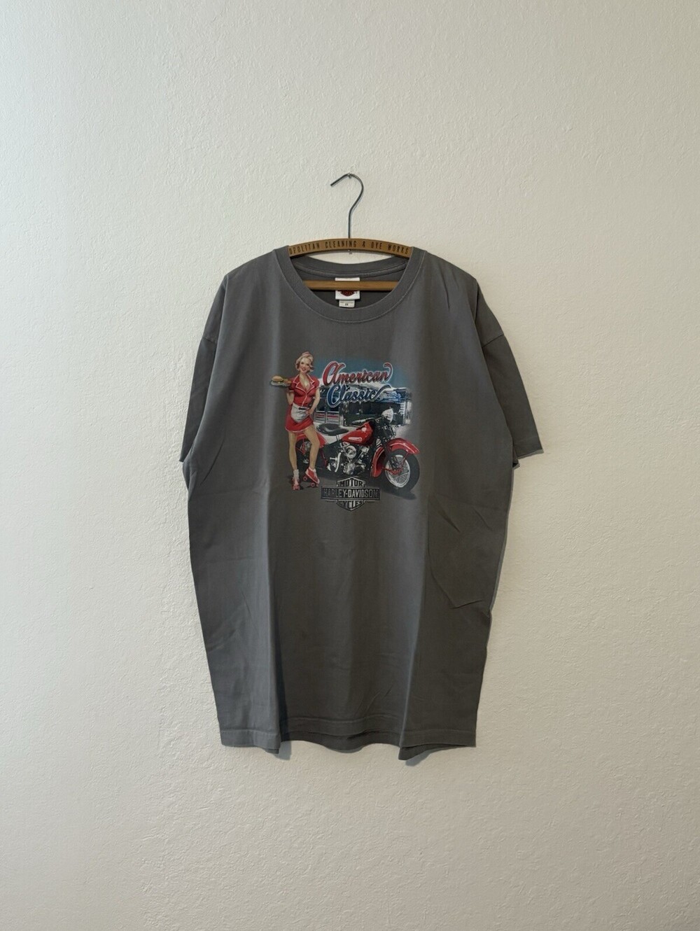 Vintage 2008 Harley-Davidson Nassau County Gray Pinup Girl Diner Shirt Size 2XL